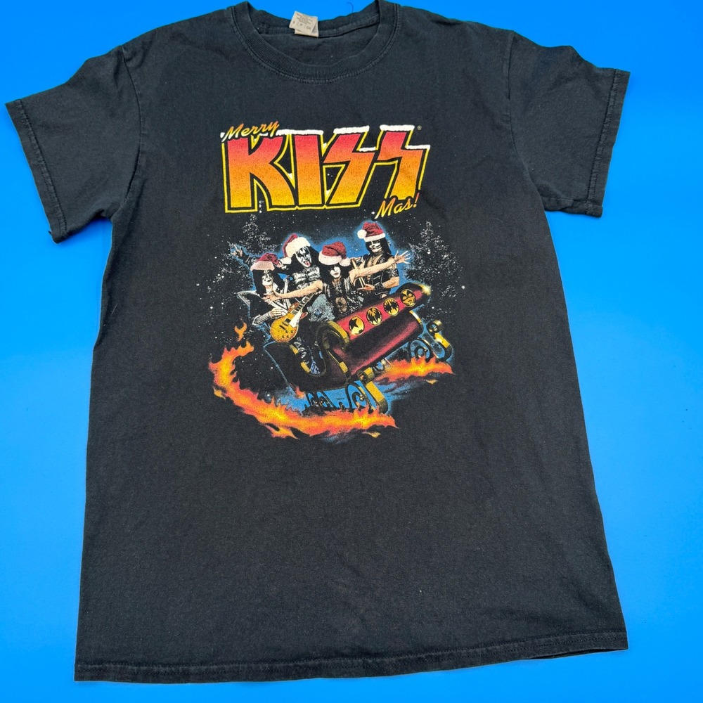 Mens Gildan KISS Merry Mas Graphic T Shirt Black Size Small